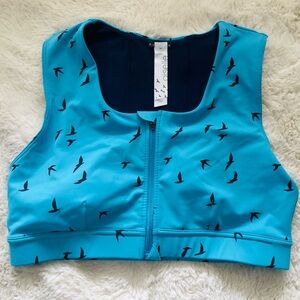 Oiselle Sky Blue Bird Print Front Zip Sports Bra Size: 8